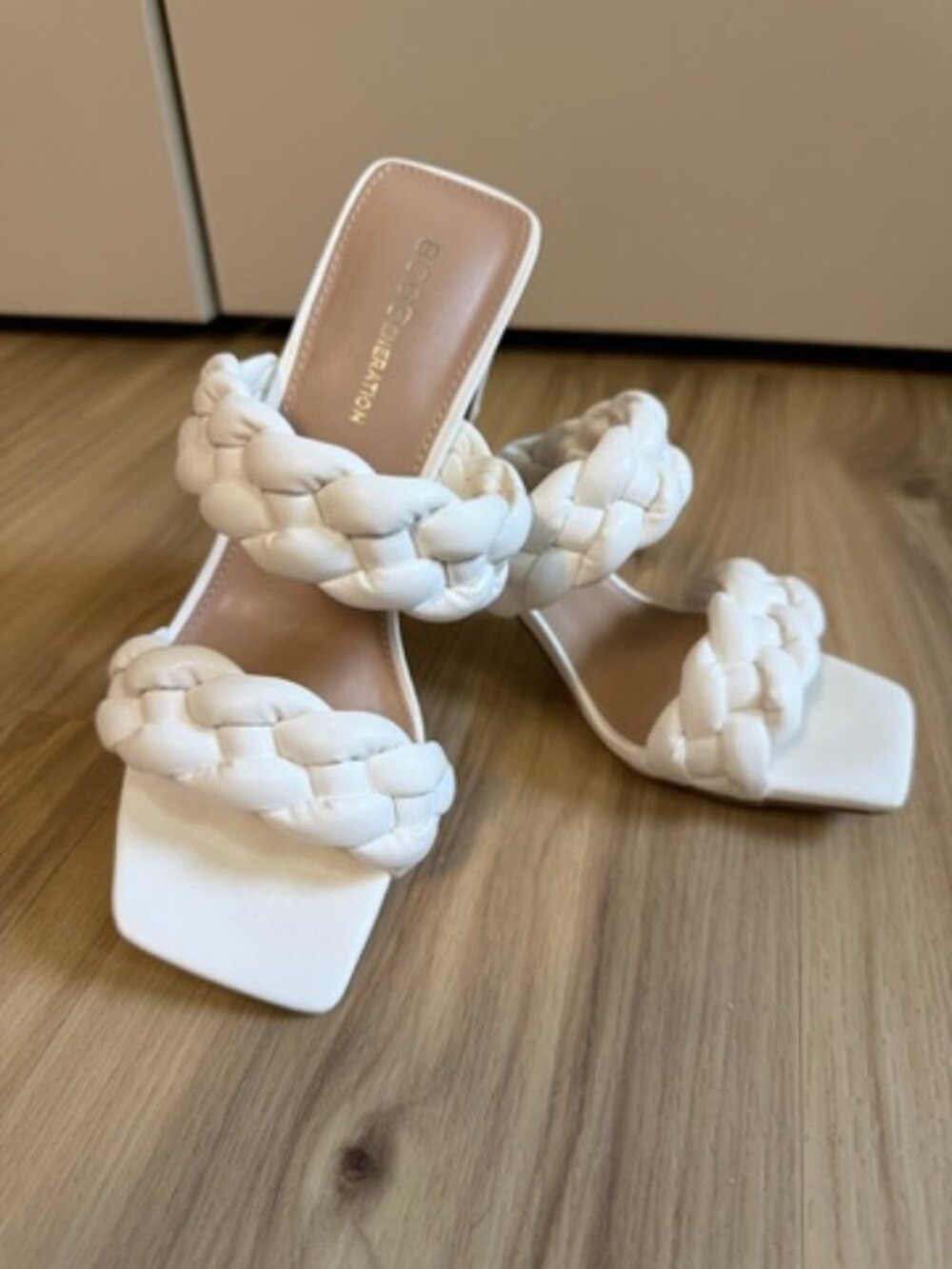 BCBGeneration Braided Double Strap Heeled Sandals – White – Women's 7.5